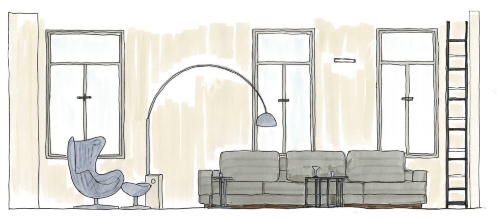 Skizze vom Wohnzimmer mit dem Sofa Ground Piece von Flexform